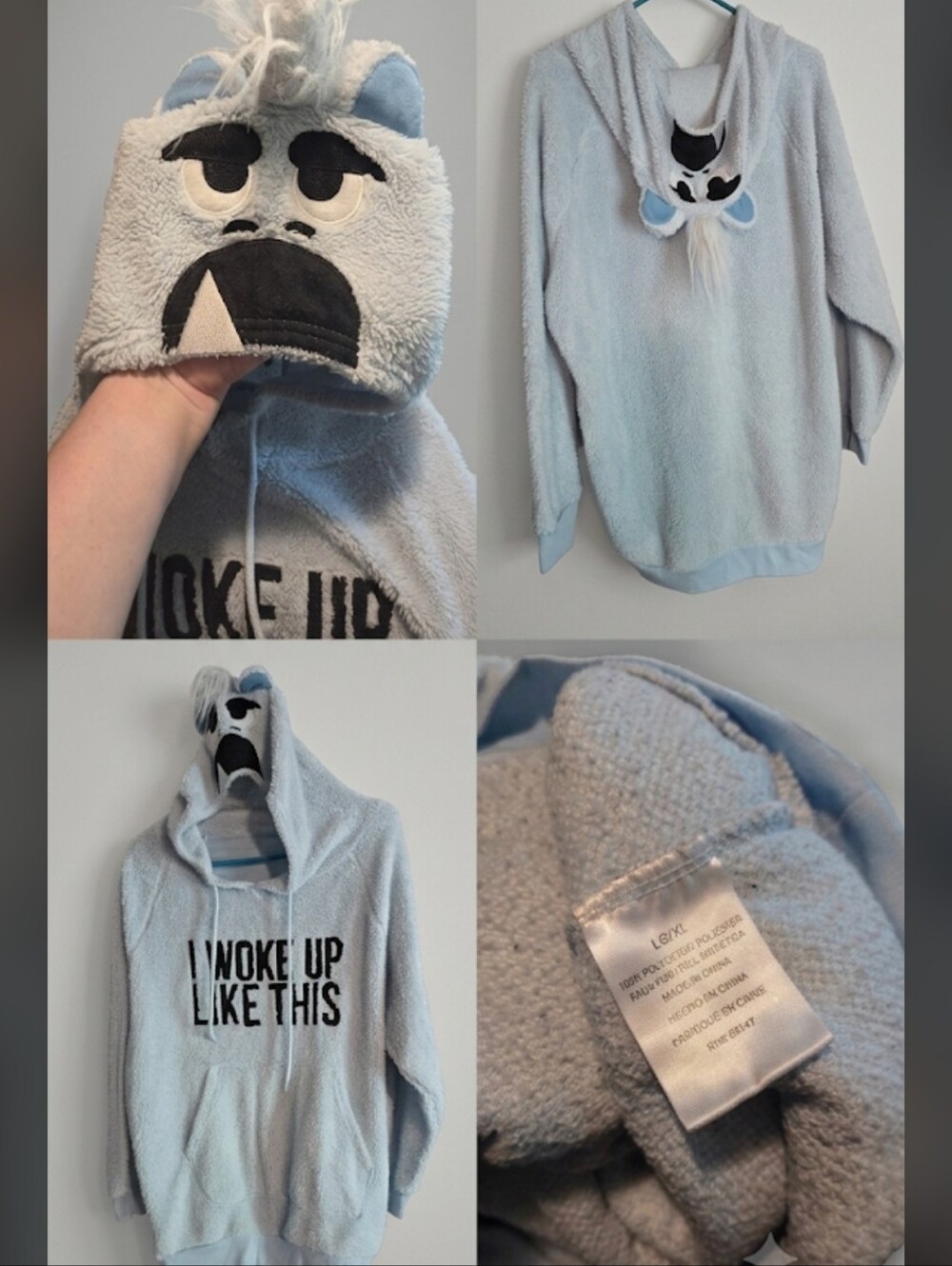 Light Blue Plush 'I Woke Up Like This' Hooded Pullover with Monster Hood